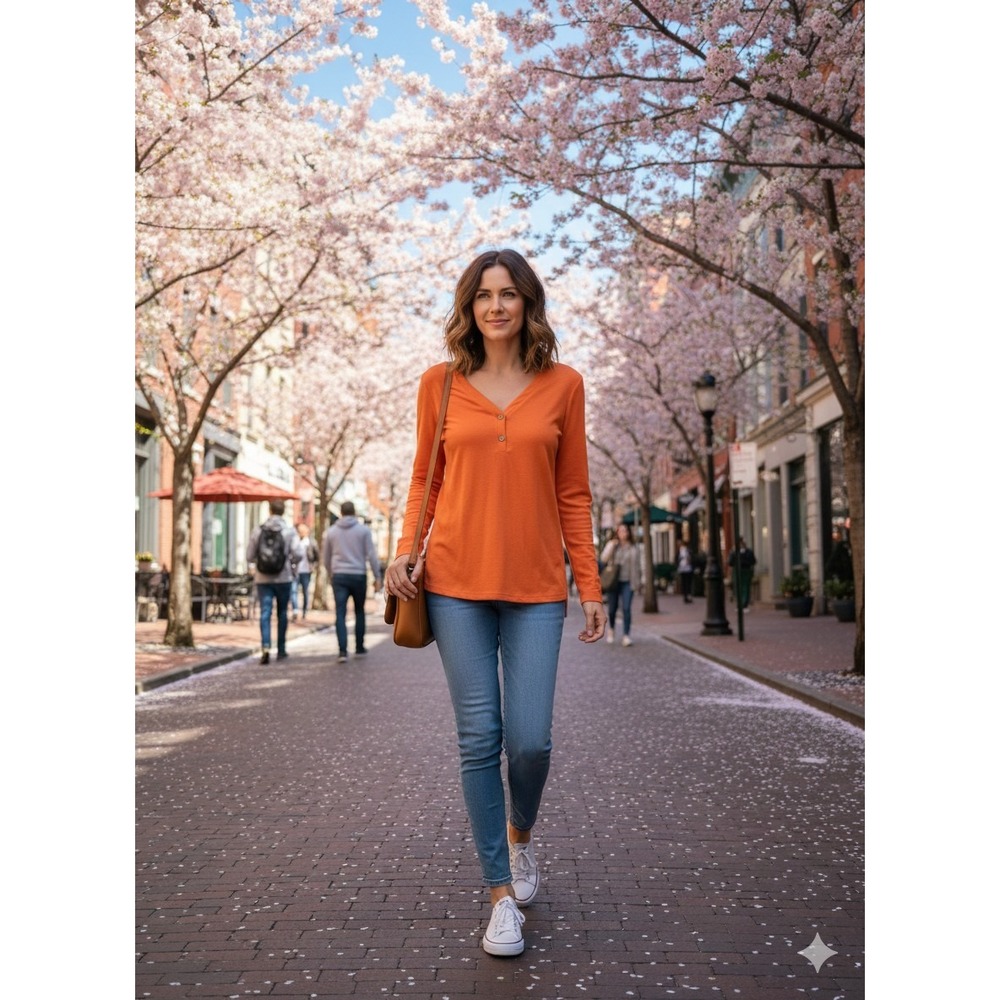 Bishuige Size L. Orange Long Sleeve 1/4 Button Front. Lagonlook, Cottagecore,...